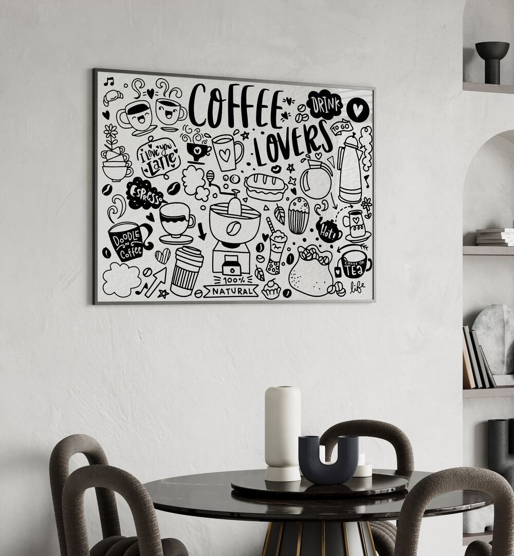 High Caffeine By Miho Art Studio  Botanical Prints in Black Plain Frame placed on the wall behind dining table.