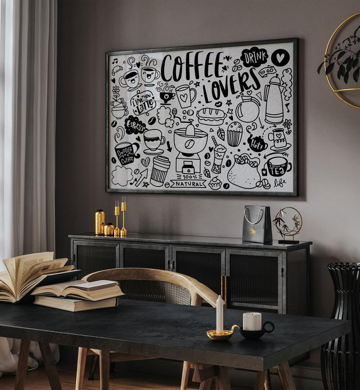 High Caffeine By Miho Art Studio  Botanical Prints in Black Plain Frame placed on the wall behind the black table.