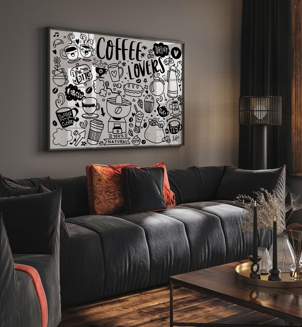 High Caffeine By Miho Art Studio  Botanical Prints in Black Plain Frame placed behind the sofa.