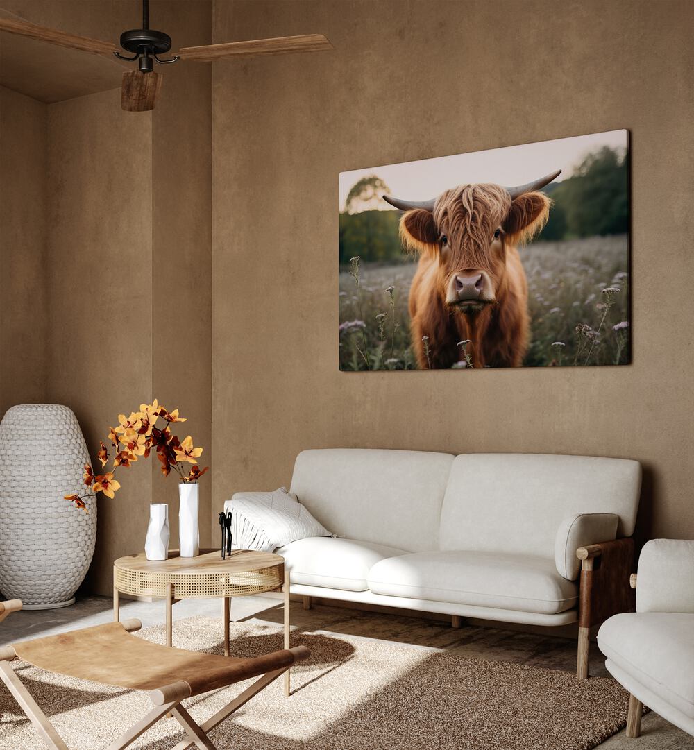 Highland Cow By Treechild Wildlife Art Prints in Gallery Wrap placed on a Dessert Brown Colored Wall near a White Sofa in the Living Room