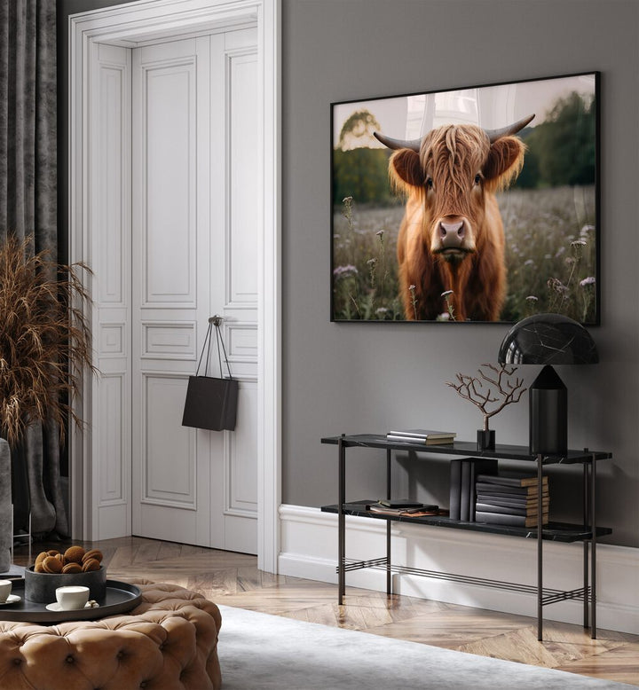 Highland Cow By Treechild Wildlife Art Prints in Black Plain Frame placed on a Grey Colored Wall above a Shelf in the Drawing Room