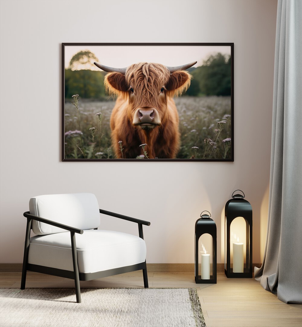 Highland Cow By Treechild Wildlife Art Prints in Black Plain Frame placed on a Cream Colored Wall in the Drawing Room