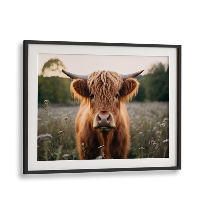 Highland Cow By Treechild Wildlife Art Prints in Black Frame With Mount