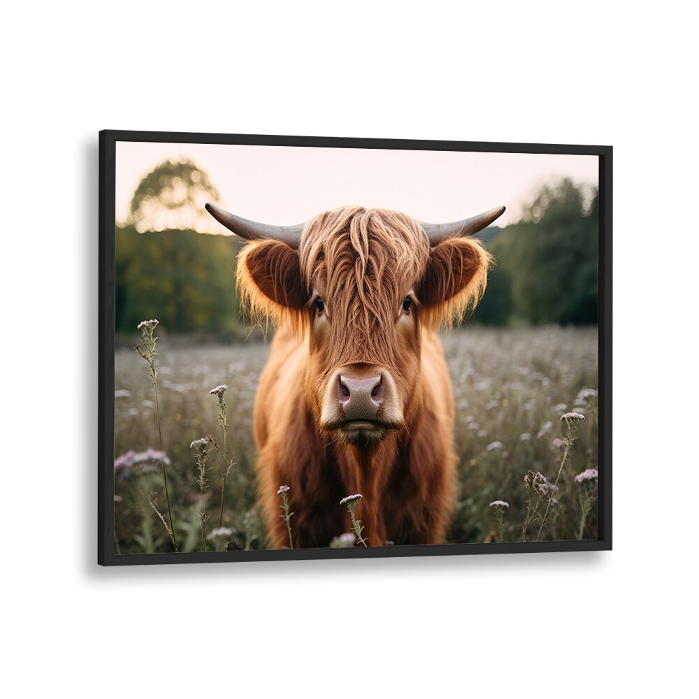 Highland Cow By Treechild Wildlife Art Prints in Black Plain Frame