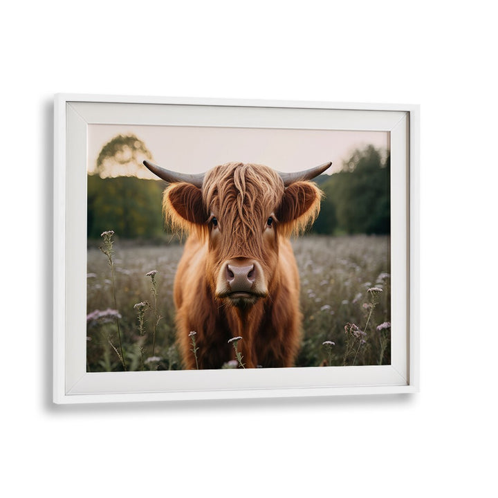 Highland Cow By Treechild Wildlife Art Prints in White Frame With Mount