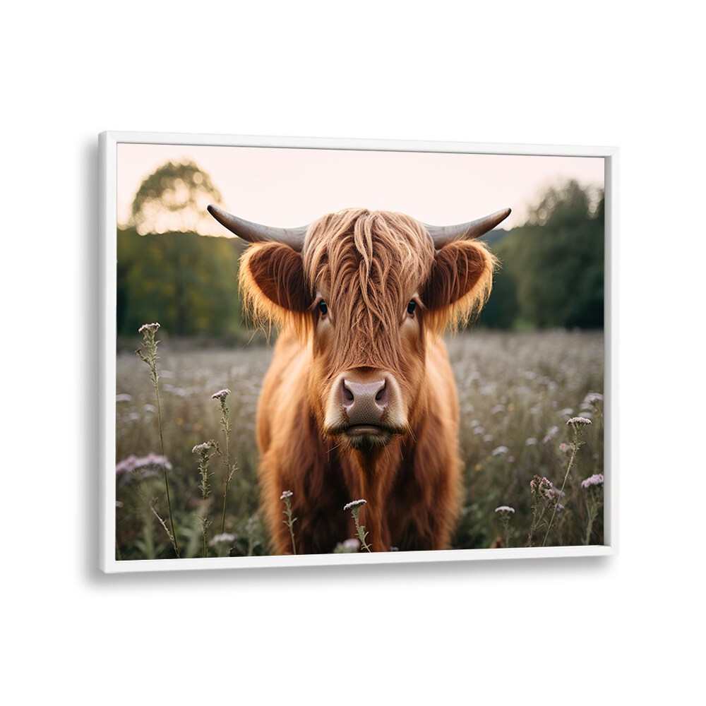 Highland Cow By Treechild Wildlife Art Prints in White Plain Frame