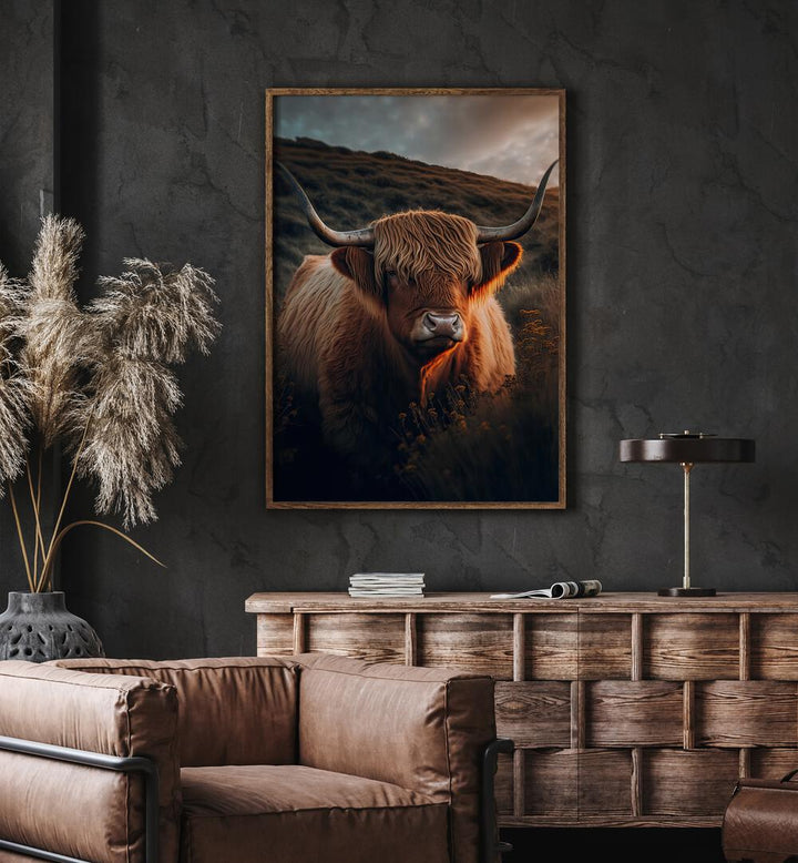 Highland Cow With Big Horns By Treechild Wildlife Art Prints in Oak Wood Plain Frame placed on a Dark Grey Colored Wall above a Console Table in the Living Room