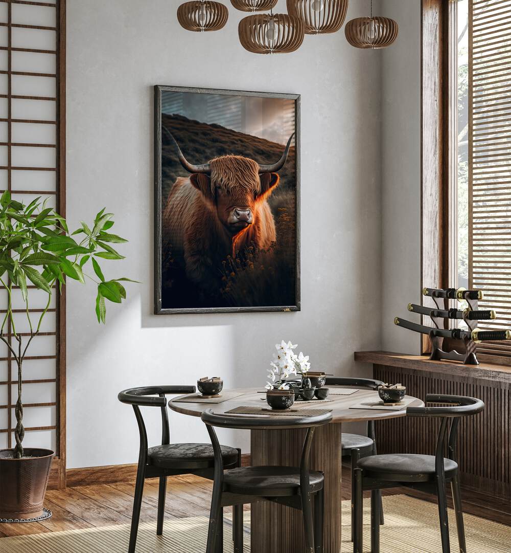 Highland Cow With Big Horns By Treechild Wildlife Art Prints in Dark Wood Plain Frame placed on a White Colored Wall near a Coffee Table in the Dining Room