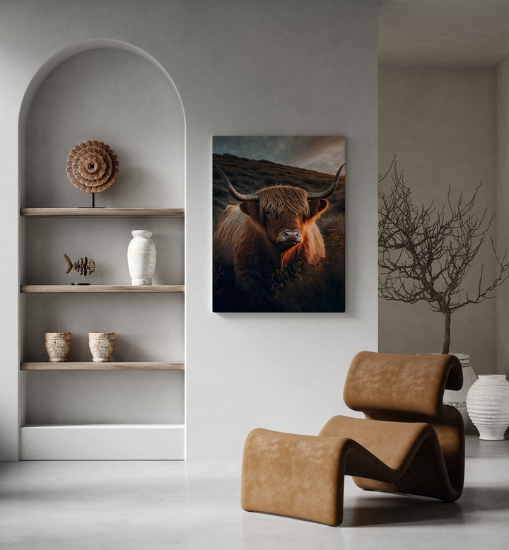 Highland Cow With Big Horns By Treechild Wildlife Art Prints in Gallery Wrap placed on a White Colored Wall in the Drawing Room