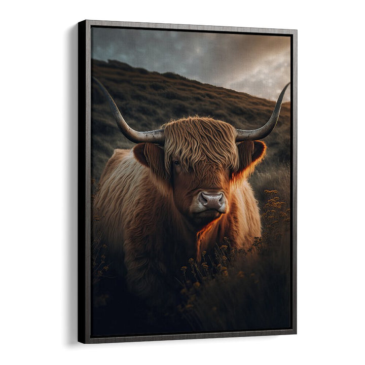 Highland Cow With Big Horns by Treechild Wildlife Art Prints in Black Floater Frame