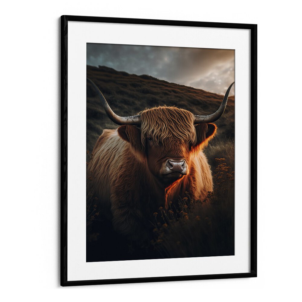 Highland Cow With Big Horns by Treechild Wildlife Art Prints in Black Frame With Mount