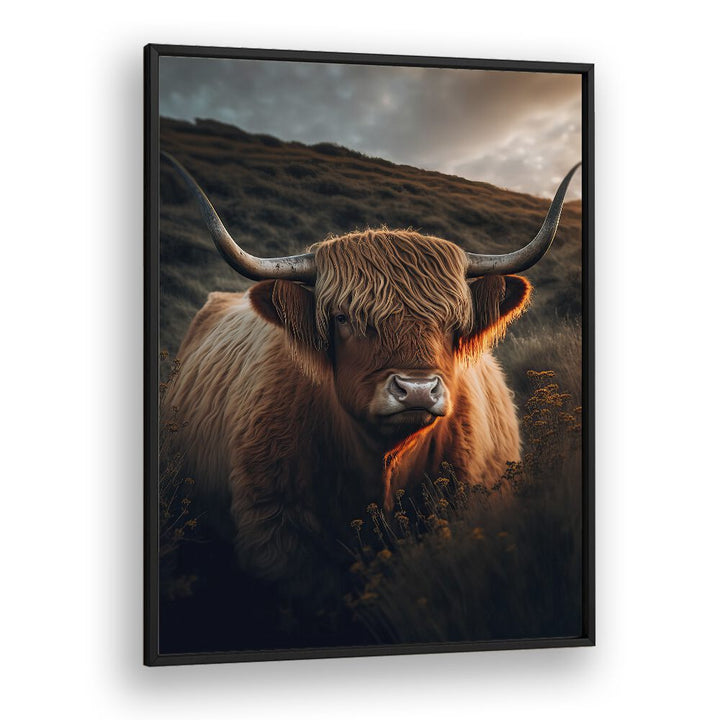 Highland Cow With Big Horns by Treechild Wildlife Art Prints in Black Plain Frame