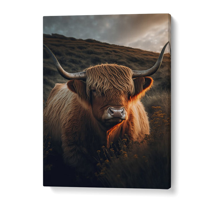 Highland Cow With Big Horns by Treechild Wildlife Art Prints in Gallery Wrap