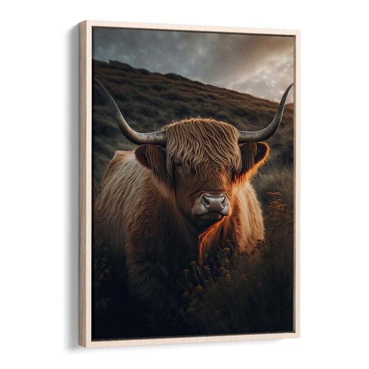 Highland Cow With Big Horns by Treechild Wildlife Art Prints in Oak Wood Floater Frame