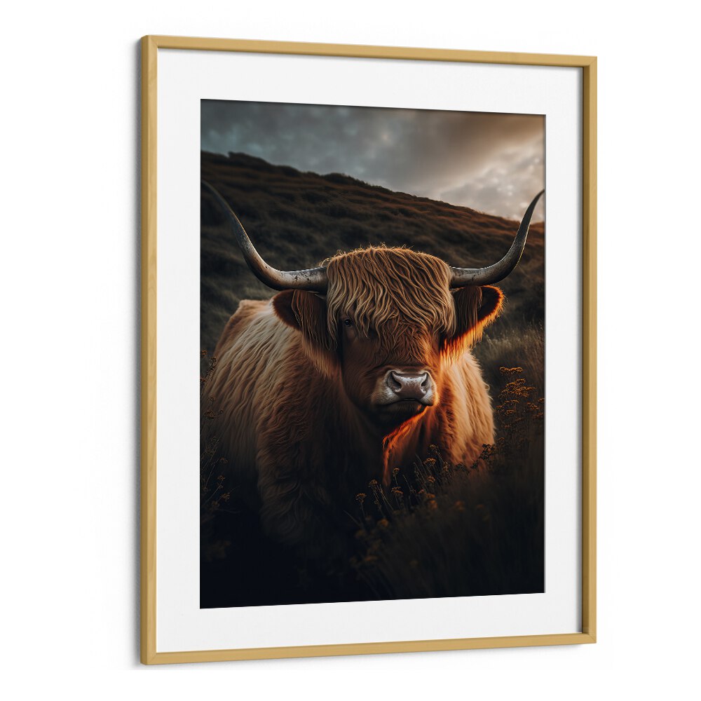 Highland Cow With Big Horns by Treechild Wildlife Art Prints in Oak Wood Frame With Mount