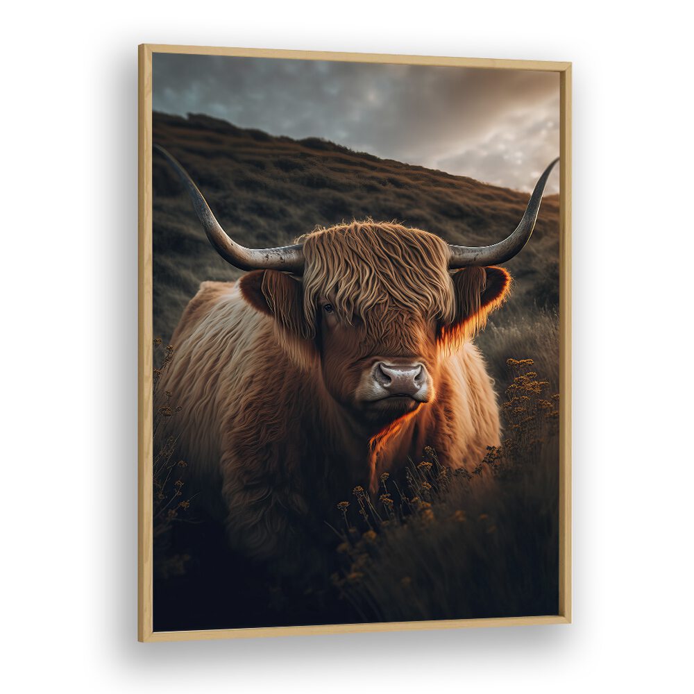 Highland Cow With Big Horns by Treechild Wildlife Art Prints in Oak Wood Plain Frame