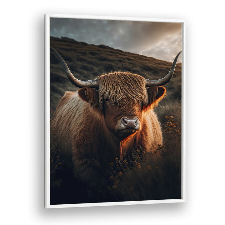 Highland Cow With Big Horns by Treechild Wildlife Art Prints in White Plain Frame