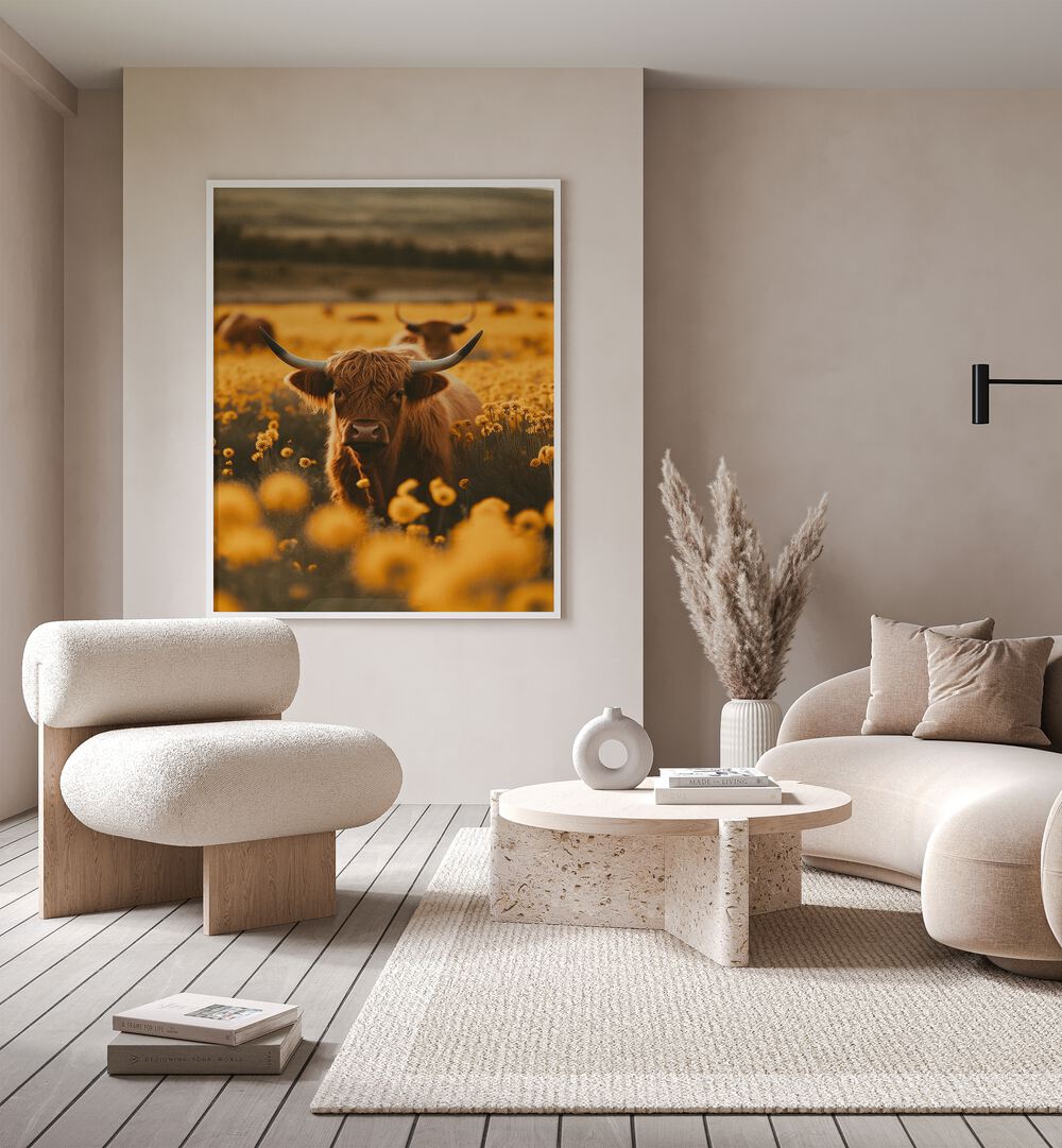 Highland Cows In Flower Field Wildlife Art Prints in White Plain Frame placed on a Beige Colored Wall in the Drawing Room