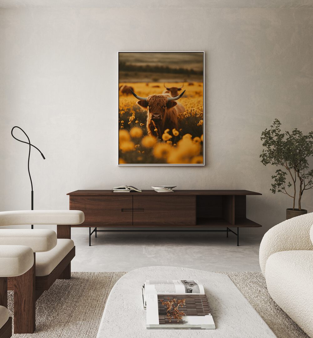 Highland Cows In Flower Field Wildlife Art Prints in White Plain Frame placed on a Beige Colored Wall above a Shelf in the Living Room