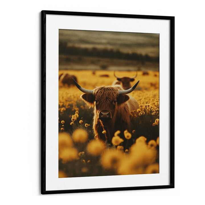 Highland Cows in Flower Field by Treechild Wildlife Art Prints in Black Frame With Mount