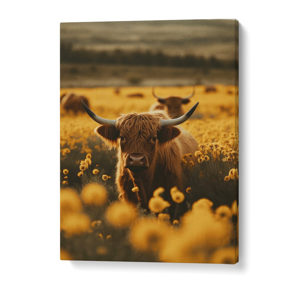 Highland Cows in Flower Field by Treechild Wildlife Art Prints in Gallery Wrap