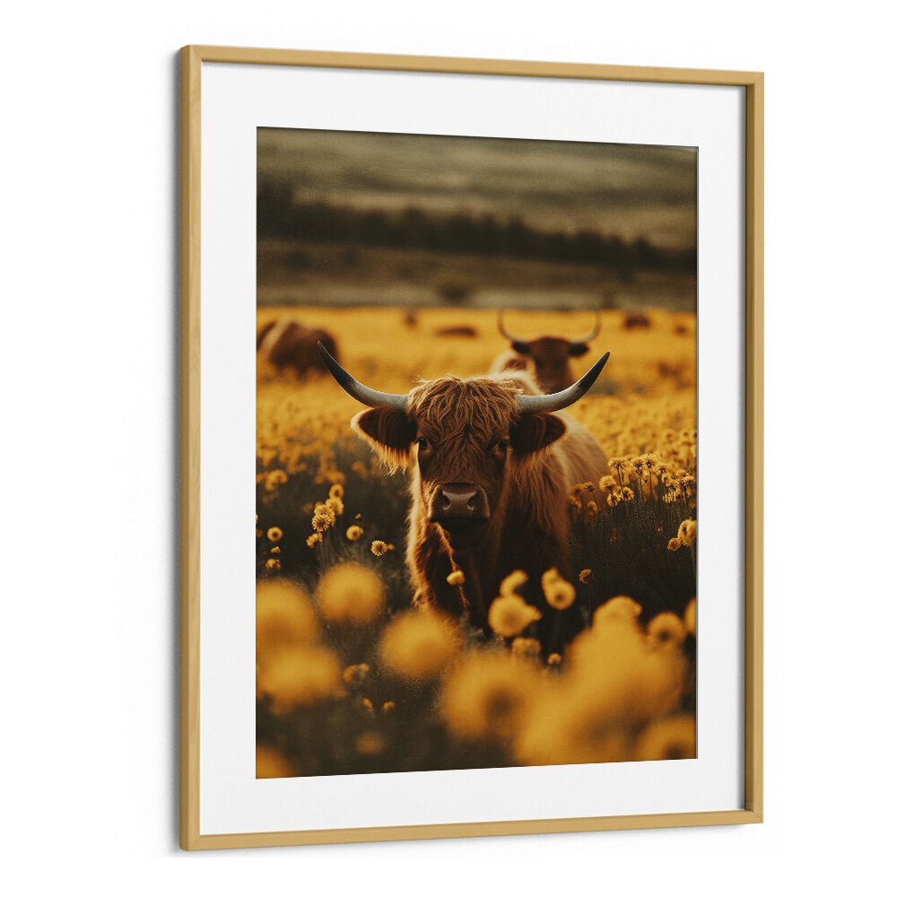 Highland Cows in Flower Field by Treechild Wildlife Art Prints in Oak Wood Frame With Mount