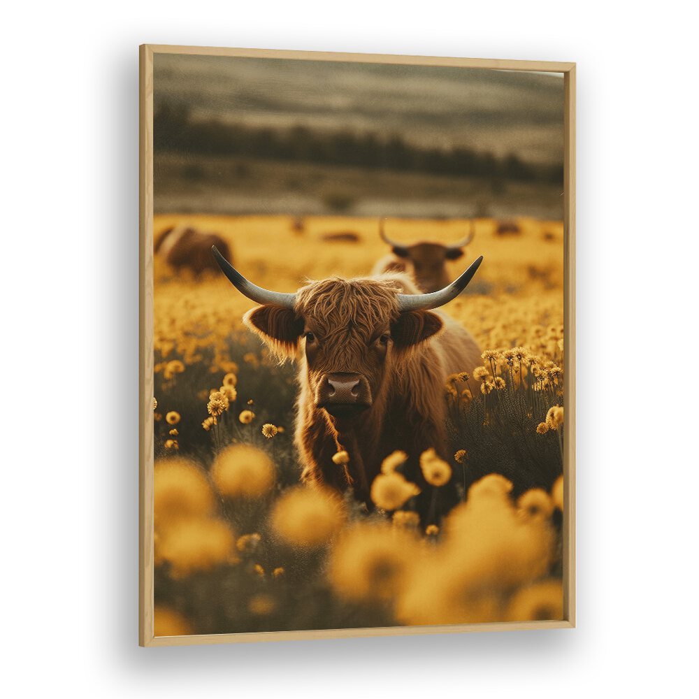 Highland Cows in Flower Field by Treechild Wildlife Art Prints in Oak Wood Plain Frame