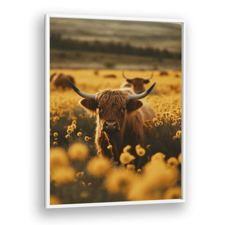 Highland Cows in Flower Field by Treechild Wildlife Art Prints in White Plain Frame