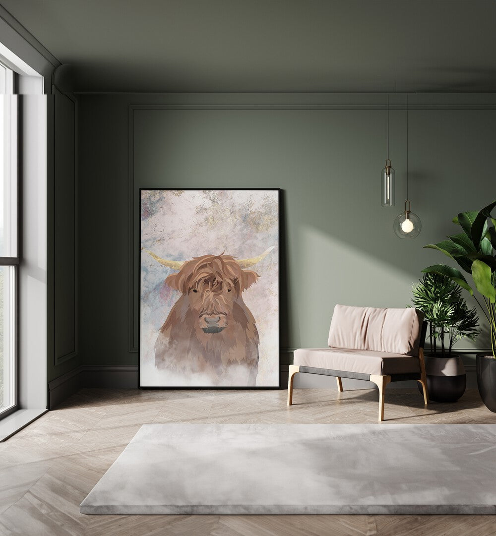 Highlands Cow Gold and Marble By Sarah Manovski Wildlife Painting  placed on wall 