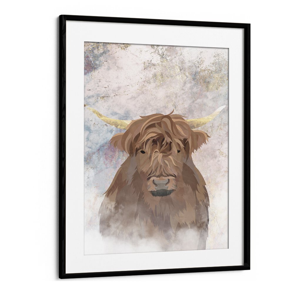 Highlands Cow Gold and Marble By Sarah Manovski Wildlife Painting in Black Frame With Mount