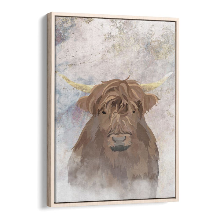 Highlands Cow Gold and Marble By Sarah Manovski Wildlife Painting in Oak Wood Floater Frame