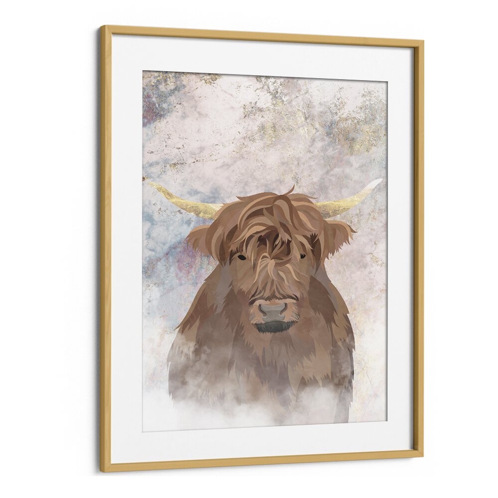 Highlands Cow Gold and Marble By Sarah Manovski Wildlife Painting in Oak Wood Frame With Mount