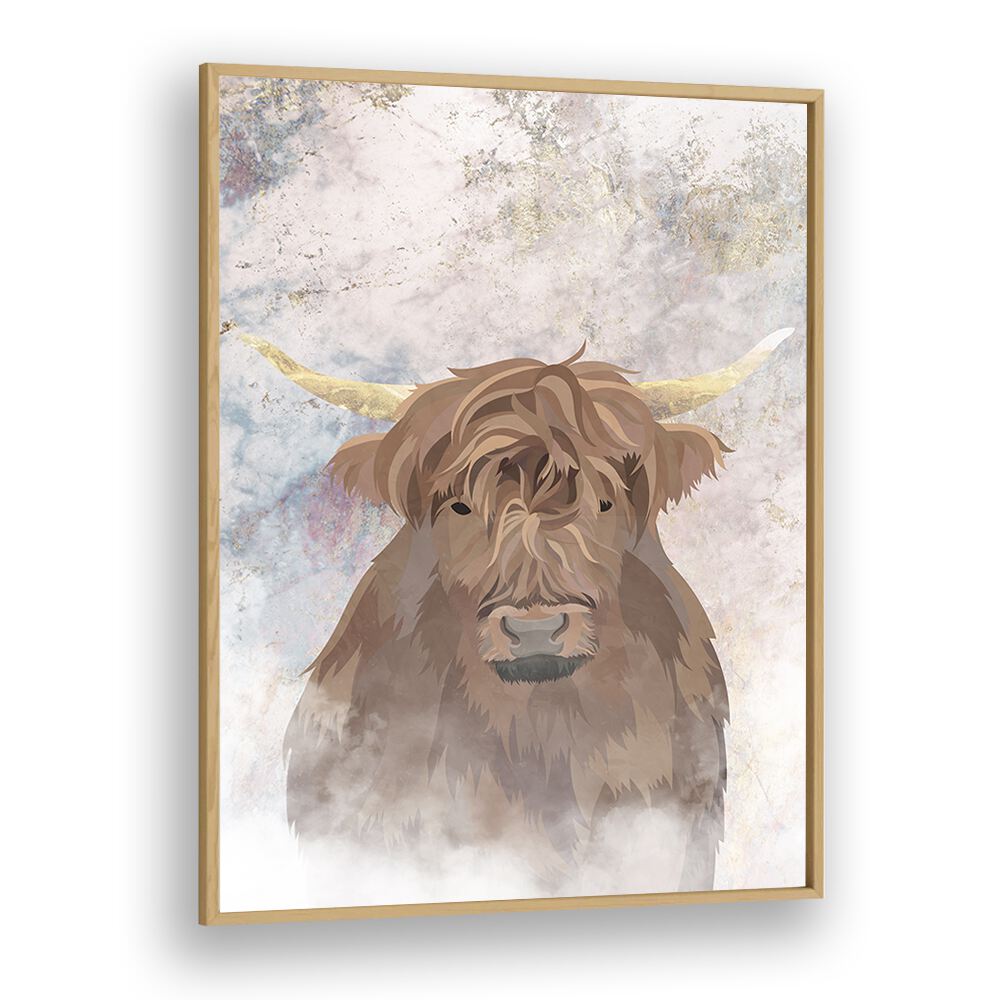 Highlands Cow Gold and Marble By Sarah Manovski Wildlife Painting in Oak Wood Plain Frame