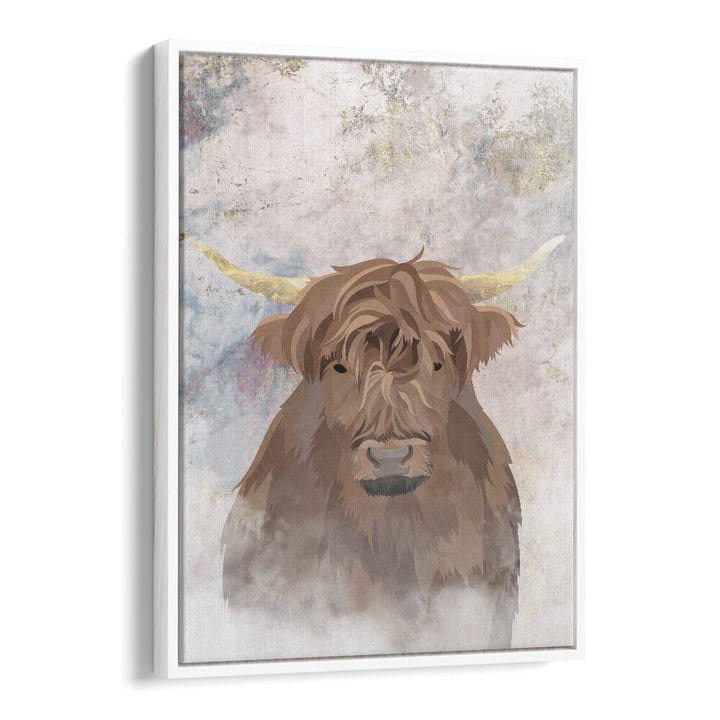 Highlands Cow Gold and Marble By Sarah Manovski Wildlife Painting in White Floater Frame