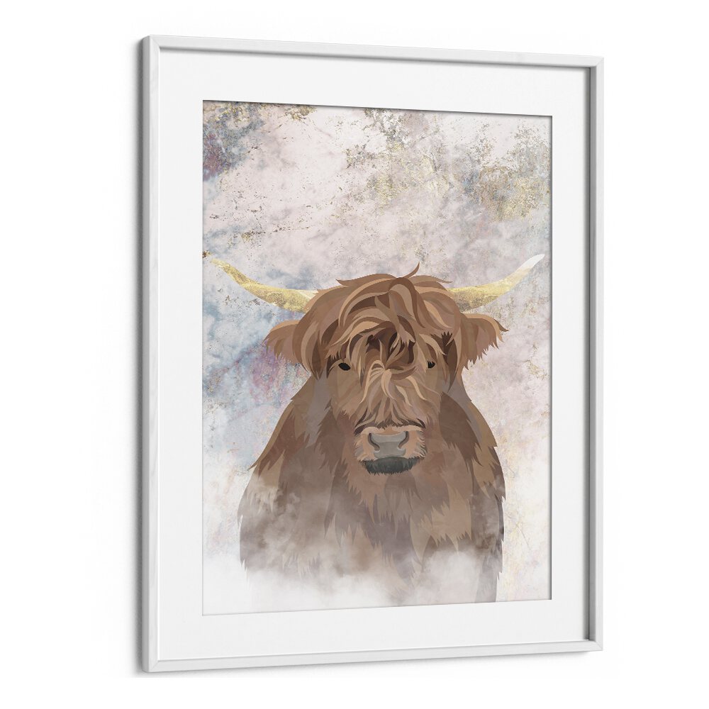 Highlands Cow Gold and Marble By Sarah Manovski Wildlife Painting in White Frame With Mount