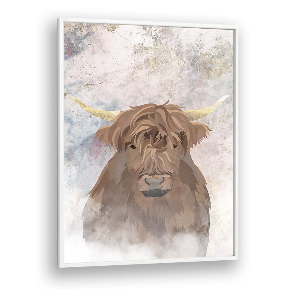 Highlands Cow Gold and Marble By Sarah Manovski Wildlife Painting in White Plain Frame