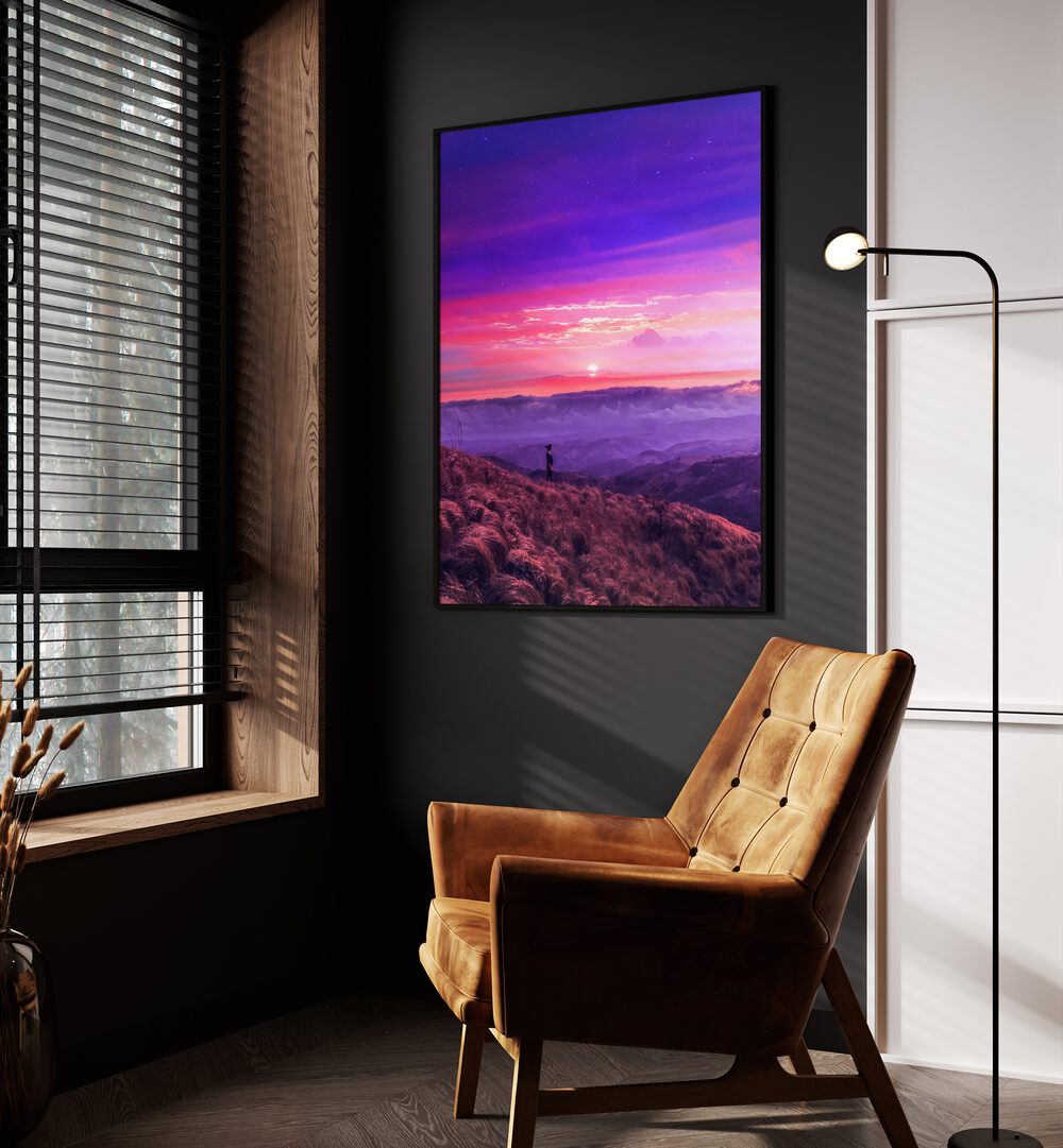 Hike By Ritvik Takkar Surreal Art Prints in Black Plain Frame placed on a Dark Grey Colored Wall in the Drawing Room