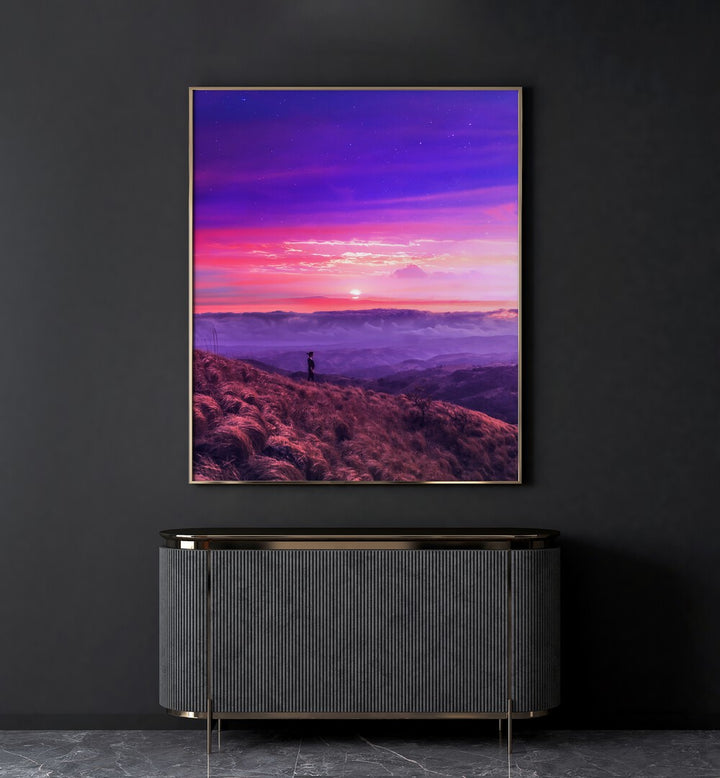 Hike By Ritvik Takkar Surreal Art Prints in Gold Plain Frame placed on a Dark Grey Colored Wall above a Console Table in the Drawing Room