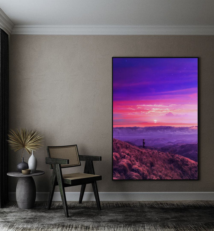 Hike By Ritvik Takkar Surreal Art Prints in Black Plain Frame placed on a Beige Colored Wall in the Drawing Room