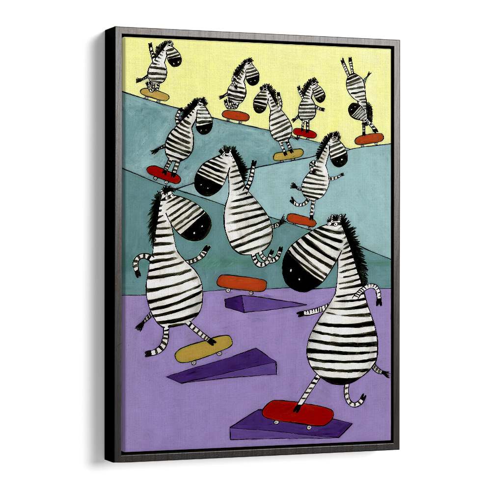 Hilarious Zebras In The Skatepark By Carla Daly Kids Painting in Black Floater Frame