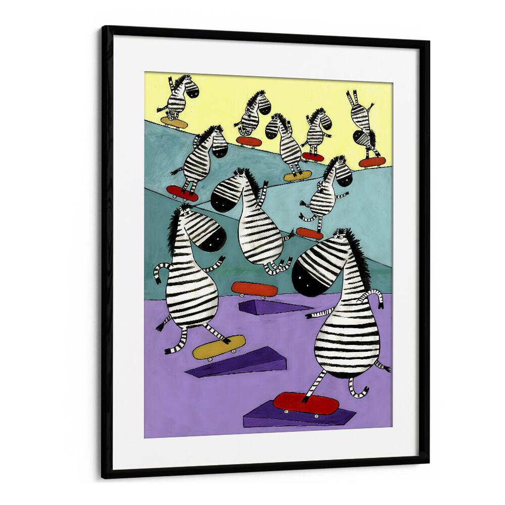 Hilarious Zebras In The Skatepark By Carla Daly Kids Painting in Black Frame With Mount