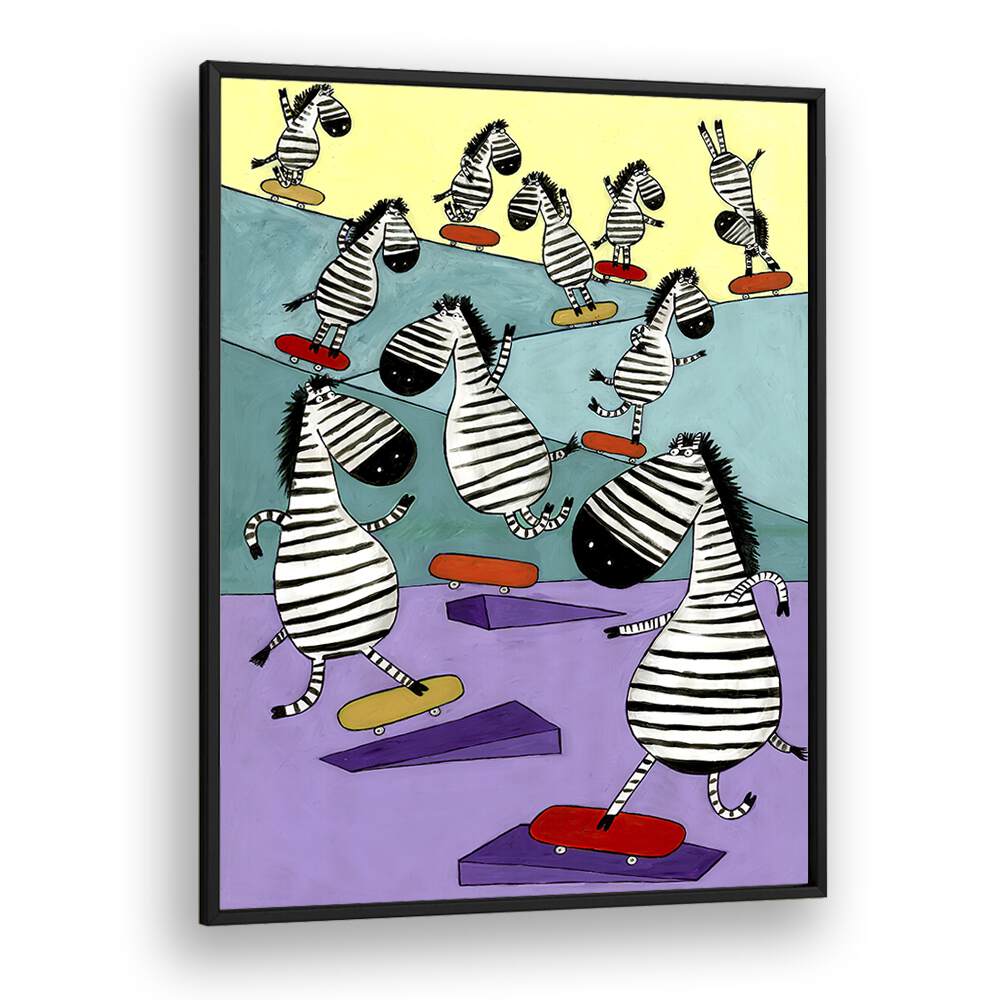 Hilarious Zebras In The Skatepark By Carla Daly Kids Painting in Black Plain Frame