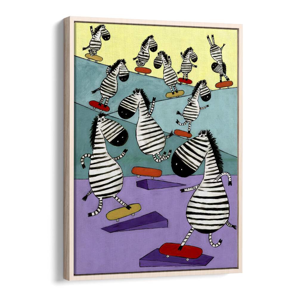 Hilarious Zebras In The Skatepark By Carla Daly Kids Painting in Oak Wood Floater Frame