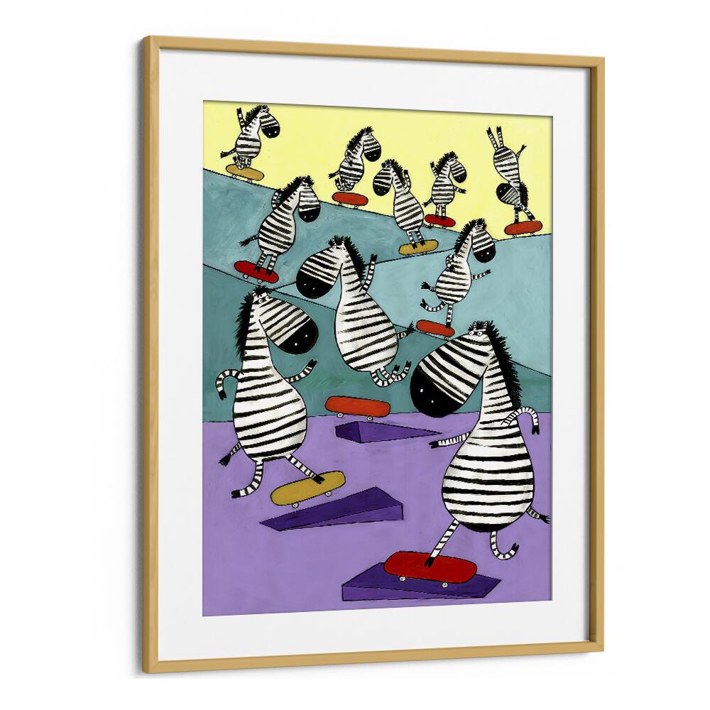 Hilarious Zebras In The Skatepark By Carla Daly Kids Painting in Oak Wood Frame With Mount