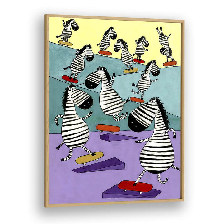 Hilarious Zebras In The Skatepark By Carla Daly Kids Painting in Oak Wood Plain Frame