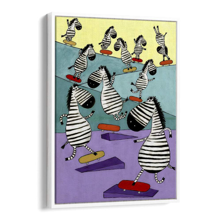 Hilarious Zebras In The Skatepark By Carla Daly Kids Painting in White Floater Frame