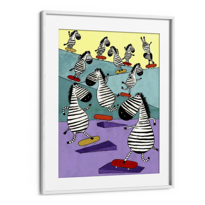 Hilarious Zebras In The Skatepark By Carla Daly Kids Painting in White Frame With Mount