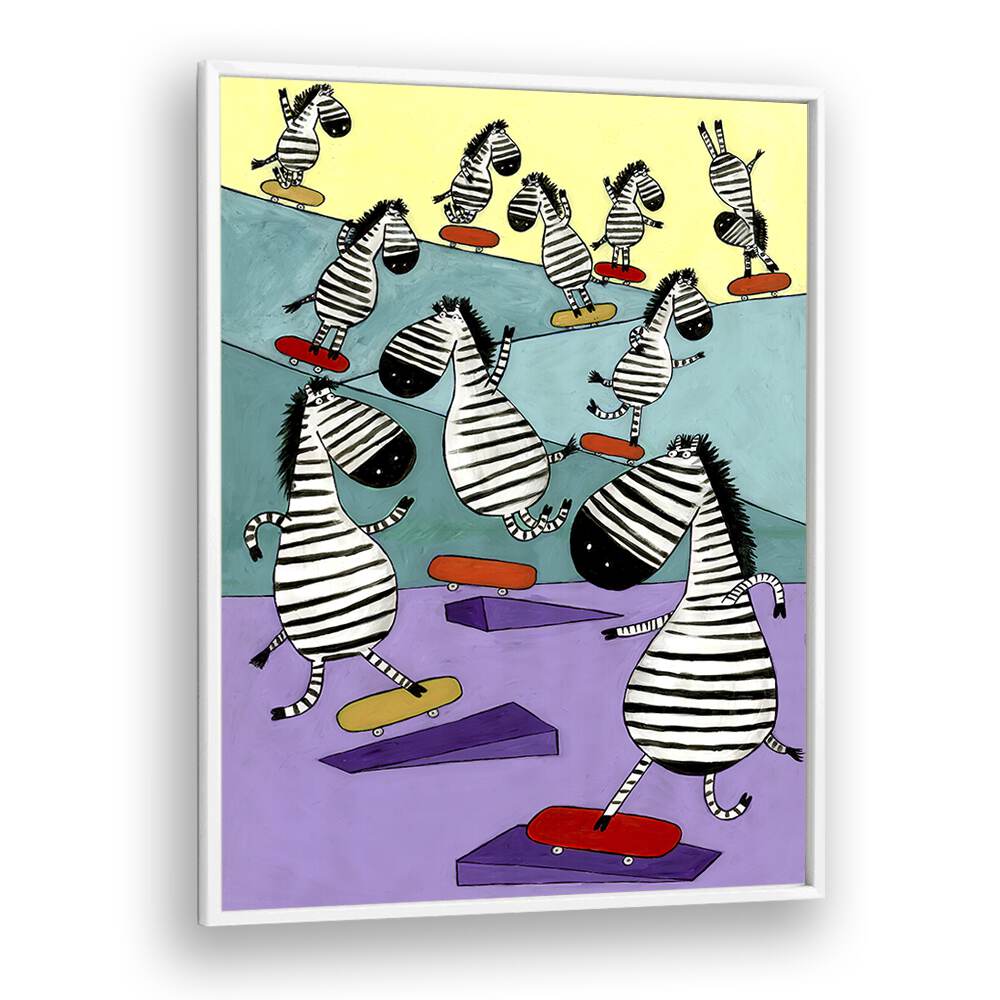 Hilarious Zebras In The Skatepark By Carla Daly Kids Painting in White Plain Frame