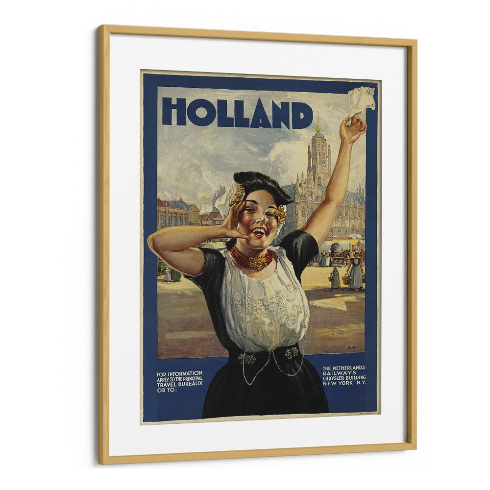 Holland Retro Vintage Travel Vintage Travel Posters in Oak Wood Frame With Mount