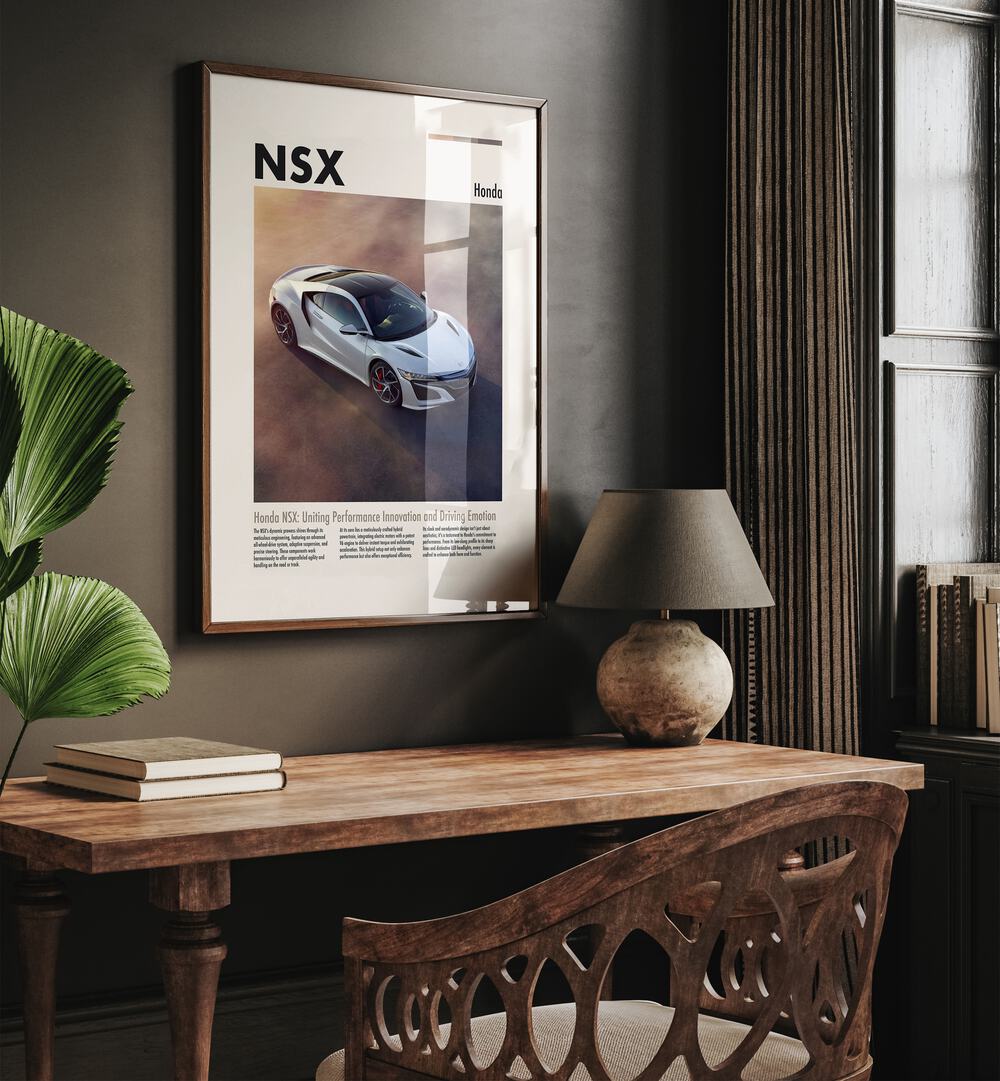 Honda NSX Car Posters Automotive Wall Art Prints in Dark Wood Plain Frame placed on a Dark Brown Colored Wall Above a Study Table in a Workspace in the Drawing Room